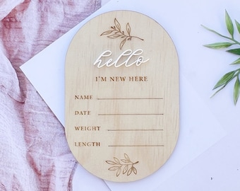 Birth Announcement  | Hello I'm new here gum leaves Baby Name Wood Sign New Baby Newborn Photo Prop | Hello World Plaque | Birth Stats Sign