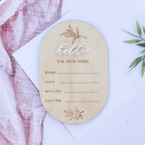 Birth Announcement  | Hello I'm new here gum leaves Baby Name Wood Sign New Baby Newborn Photo Prop | Hello World Plaque | Birth Stats Sign