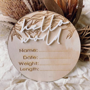 Birth Announcement  | Hello I'm new here gum leaves Baby Name Wood Sign New Baby Newborn Photo Prop | Hello World Plaque | Birth Stats Sign