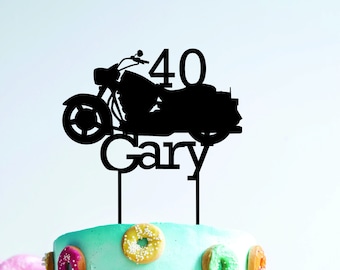 Adorno para tarta de cumpleaños personalizado, personalizado con nombre, moto harley, 40, cuarenta nombres, adorno para tarta, adorno para tarta personalizado, madera rústica