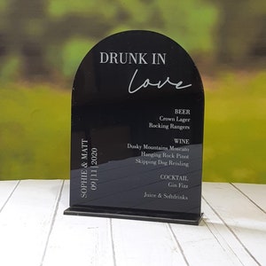 Acrylic Bar Menu Sign Black Acrylic Arched Bar Menu Modern Event Drinks List - Wedding Engagement Drink in love personalised menu