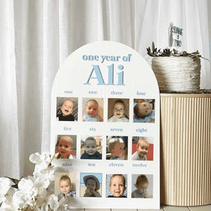 May include: A white wooden sign with a blue arch at the top. The sign says "one year of Ali" and has 12 photos of a baby boy, one for each month of the year.