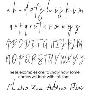 May include: A white background displays a font guide for a script style. The guide shows lowercase and uppercase alphabets, plus examples of names written in the font, including "Charlie", "Zara", "Adeline", "Elias", and "Max".