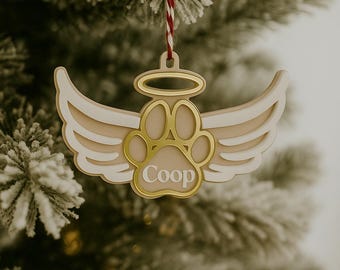 Adorno conmemorativo personalizado para mascotas con alas y halo / Regalo para la pérdida de una mascota / Recuerdo personalizado de pata de ángel / Decoración conmemorativa para perros y gatos