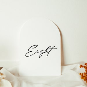 May include: A white, arched table number card with the word "Eight" in elegant black script. The card is set against a soft, neutral background with floral accents, suitable for weddings or events.