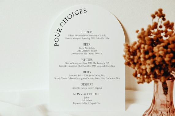 Pour Choices Acrylic Bar Menu Sign Black Acrylic Arched Bar Menu Event Drinks List - Wedding Engagement Drink in love personalised menu