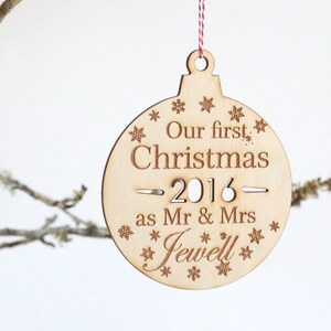 Personalised newly weds couple Christmas Tree Decoration - Wooden wood ornament custom made timber wood xmas decoration married