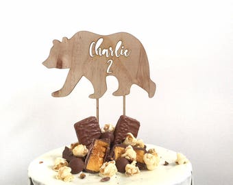 Personalised wood cake topper - wood rustic bear - wild one - birthday name and age decoration - cake toppers - baby shower - party - bear