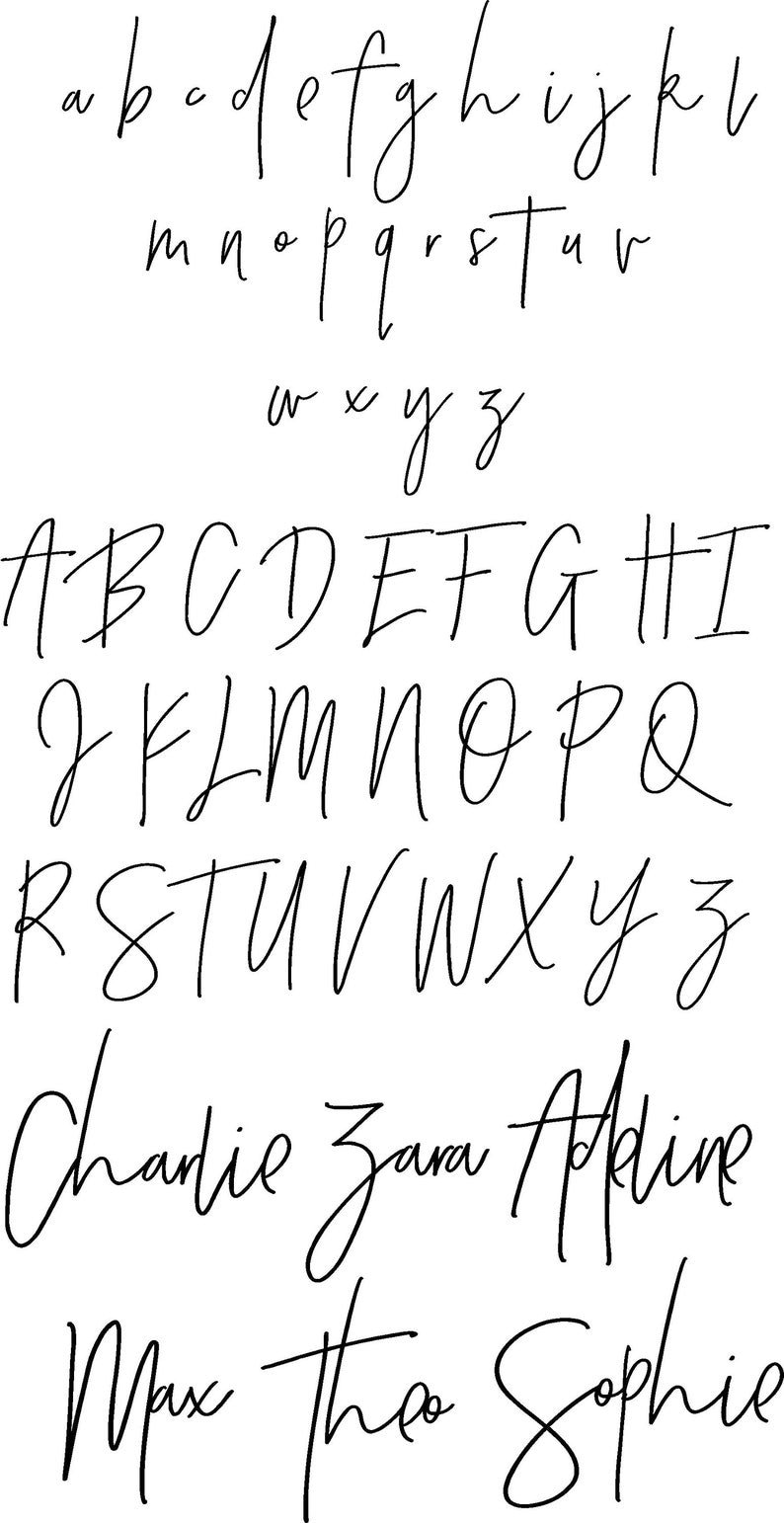 May include: A handwritten alphabet in black ink on a white background. The alphabet includes both uppercase and lowercase letters. The letters are written in a cursive style. The names Charlie, Zara, Akine, Max, Theo, and Sophie are written in cursive below the alphabet.