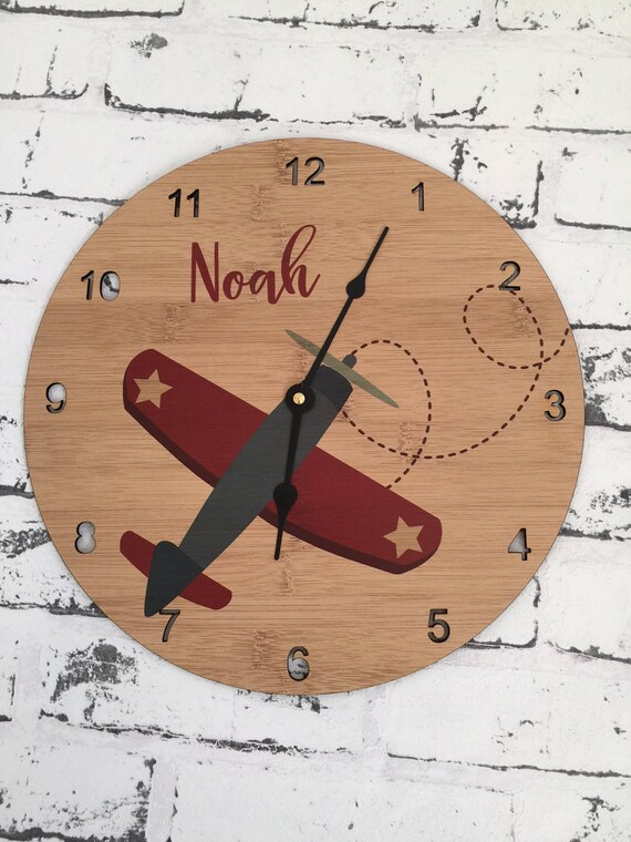 Personalised Child Childrens Wall Clock Wood Airplane Nursery Newborn First Born Timber Blue Navy Red Decor Birth Gift 1st