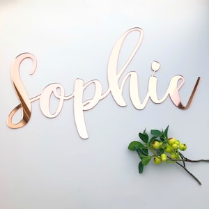 Custom wood nursery name sign - personalised wood gold mirror rose gold acrylic nursery decor wood script name sign plaque