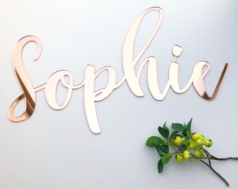 Custom wood nursery name sign - personalised wood gold mirror rose gold acrylic nursery decor wood script name sign plaque