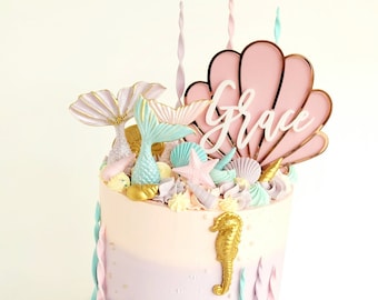Adorno para tarta de concha de sirena / Adorno para tarta de playa personalizado / Adorno para tarta de concha personalizado / /bajo el mar 1er, 2do, 3er cumpleaños