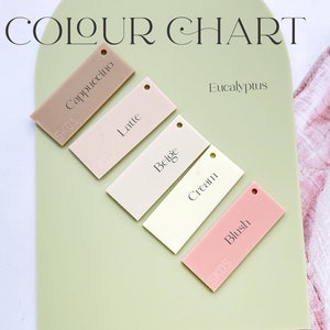 K&ouml;nnte beinhalten: Farbkarte mit sechs Acrylmustern in verschiedenen Farbt&ouml;nen von Rosa, Beige und Braun. Die Farben sind mit "Cappuccino", "Latte", "Beige", "Creme", "Blush" und "Eukalyptus" beschriftet.
