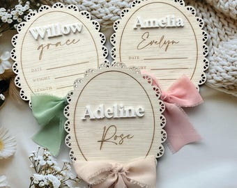 Luxe Birth Announcement  | Hello I'm new here bow Baby Name Wood Sign New Baby Newborn Photo Prop | Hello World Plaque | Birth Stats Sign