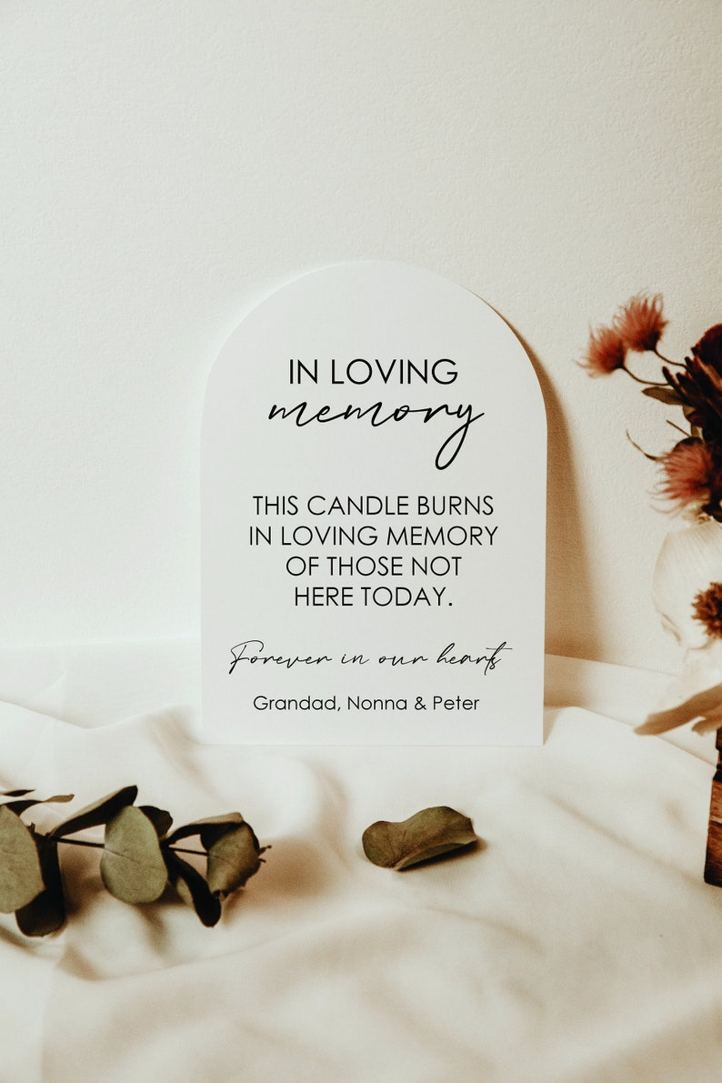 Puede incluir: Un cartel blanco en forma de arco con el texto "IN LOVING memory THIS CANDLE BURNS IN LOVING MEMORY OF THOSE NOT HERE TODAY. Forever in our hearts Grandad, Nonna & Peter"