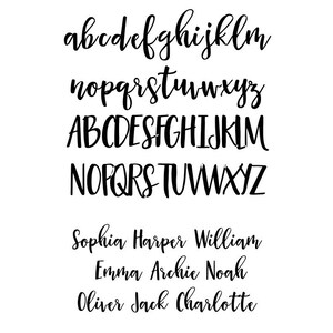 May include: A black and white image of the alphabet in a handwritten font. The letters are in lowercase and uppercase. Below the alphabet are the names Sophia, Harper, William, Emma, Archie, Noah, Oliver, Jack, and Charlotte.