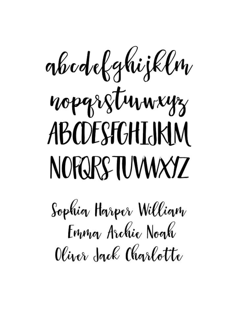 May include: A black and white image of the alphabet in a handwritten font. The letters are in lowercase and uppercase. Below the alphabet are the names Sophia, Harper, William, Emma, Archie, Noah, Oliver, Jack, and Charlotte.