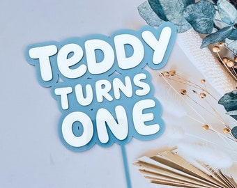 Adorno para tarta azul - Adorno para tarta con nombre de burbuja - Adorno para tarta de cumpleaños personalizado en dos tonos - Adorno para tarta flotante - Adorno para tarta de primer cumpleaños - Uno