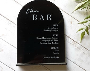 Acrylic Bar Menu Sign Black Acrylic Arched Bar Menu Modern Event Drinks List - Wedding Engagement Drink in love personalised menu