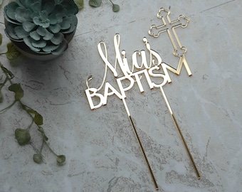 Adorno para tarta de bautizo personalizado con nombre y cruz - Decoración rústica de madera para tartas religiosas - Envío urgente - Oro rosa