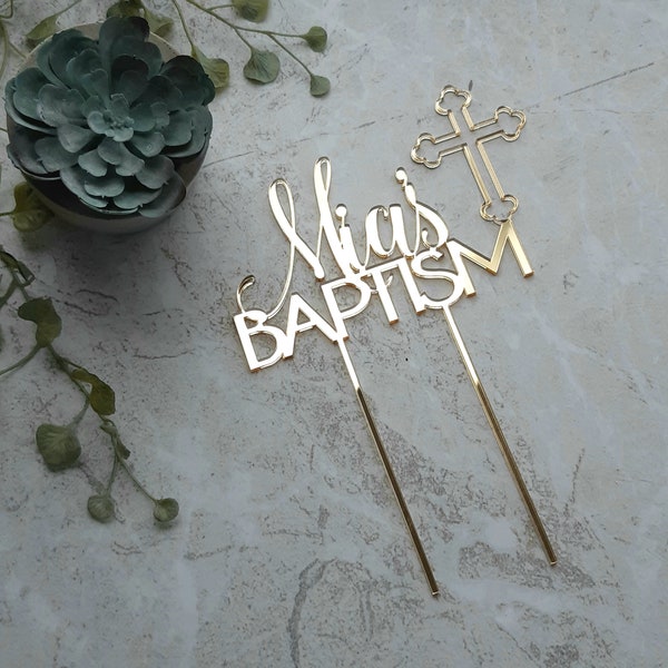 Personalised custom name baptism cake topper with cross - cake decoration wood rustic religious - express post express shipping - Rose gold