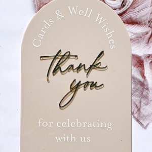 K&ouml;nnte beinhalten: Ein beigefarbenes Schild in Bogenform mit dem Text "Cards & Well Wishes" oben und "Thank you for celebrating with us" unten. Die Worte "Thank you" sind in goldener Schrift geschrieben.