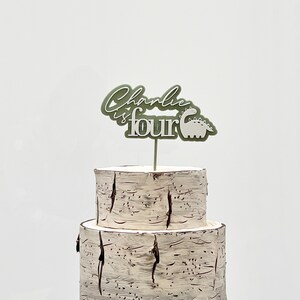 May include: Green and white cake topper with the text "Charlie is four" and a dinosaur illustration. The topper is on a two-tiered birch bark cake.