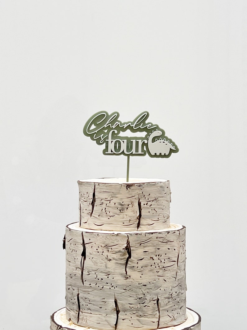 May include: Green and white cake topper with the text "Charlie is four" and a dinosaur illustration. The topper is on a two-tiered birch bark cake.