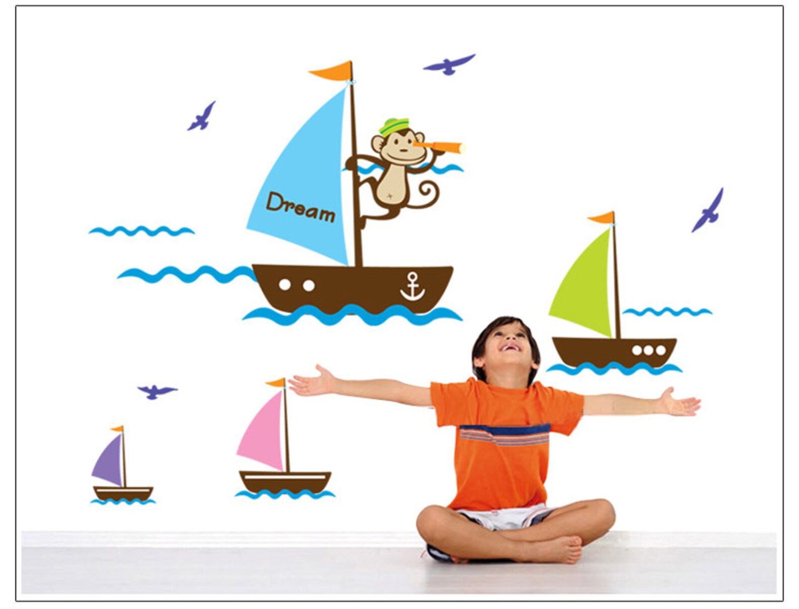 Boats & Monkey AW7043 Childrens Wall Sticker Boys Room Etsy