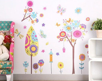 Colourful trees, flowers and butterflies- AW5097Free Shipping