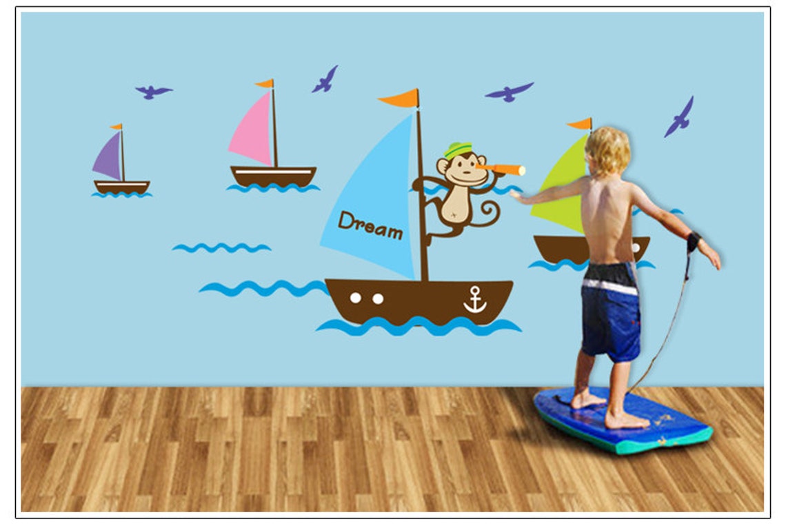Boats & Monkey AW7043 Childrens Wall Sticker Boys Room Etsy