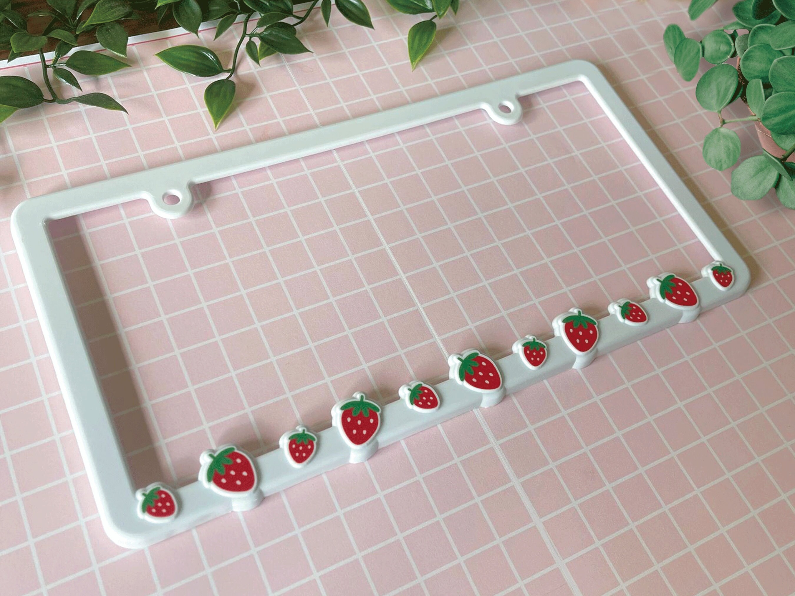 Cute Pink Strawberry License Plate Frame - Kawaii Aesthetic Tag Holder For Women's Cars, Made In USA