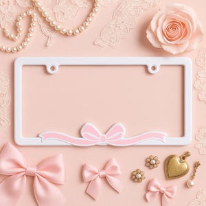 Pink Bow License Plate Frame for Women – Cute Car Accessories, Girly Aesthetic, Coquette Style Gift, Fits ALL Standard US and CAN Plates