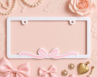 Pink Bow License Plate Frame for Women – Cute Car Accessories, Girly Aesthetic, Coquette Style Gift, Fits ALL Standard US and CAN Plates