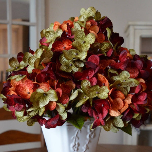 Artificial Flowers | Fake Hydrangea Flowers | Burnt Orange, Olive-Green, and Burgundy Colors | Silk Flowers | Flowers for Home