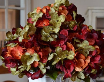 Artificial Flowers | Fake Hydrangea Flowers | Burnt Orange, Olive-Green, and Burgundy Colors | Silk Flowers | Flowers for Home