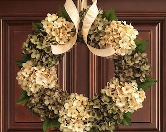 Green & Cream Hydrangea Wreath | Front Door Wreaths | Door Wreath | Winter Wreath | Spring Wreath | Housewarming Gift Ideas
