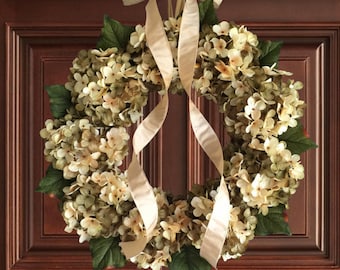 Beautiful Green Hydrangea Wreath | Spring Wreath | Front Door Wreaths | Green and Cream Hydrangeas | Wreaths | Housewarming Gift