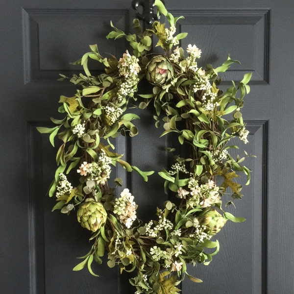 LAST ONE! Oval Natural-Looking Artichoke Wreath with Berries, Blossoms, and Olive Leaves | Everyday Green Front Door Wreath
