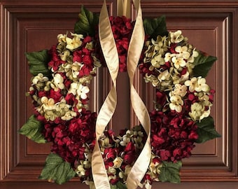 Spring Wreath, Hydrangea Wreath for the Front Door, Red Hydrangea, Front Door Wreaths