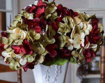 Hydrangea Flowers, Red Flowers, Artificial Flowers, DIY Flowers, Burgundy, Olive-Green, and Cream Colors, Fake Flower Arrangements