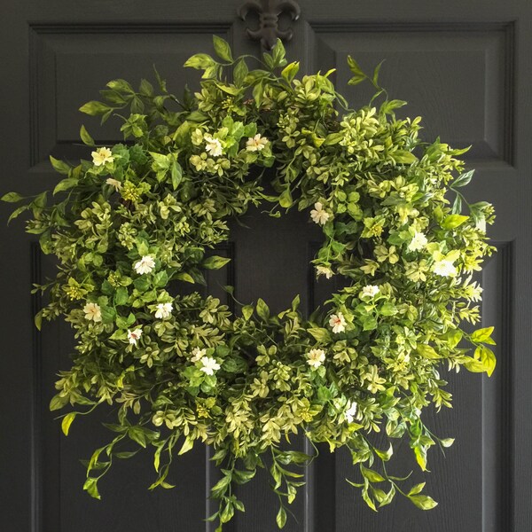 Boxwood Wreath with White Tea Leaf Flowers for Front Door