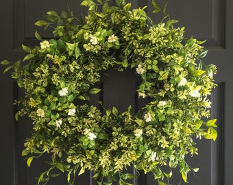 Boxwood Wreath with White Tea Leaf Flowers for Front Door