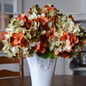 Artificial Flowers | Fake Hydrangea Flowers | Burnt Orange, Olive Green and Cream Colors | Silk Flowers | Flowers for Home