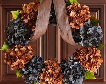 Door Wreath, Blue and Brown Hydrangea Wreath, Front Door Wreaths