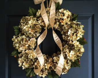 Green and Cream Hydrangea Front Door Wreath | Everyday Wreath