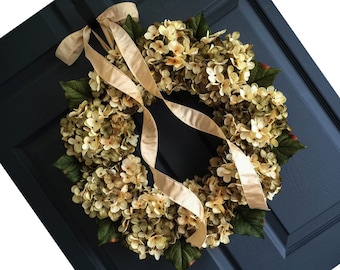 Head-Turning Spring Wreath  | Green and Cream Hydrangea Door Wreath