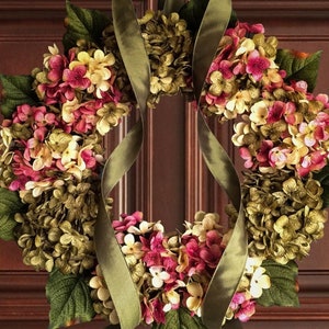 spring hydrangea wreath on a front door