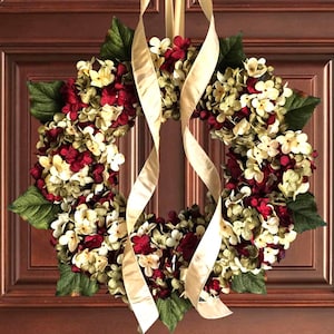 Year-Round  Hydrangea Front Door Wreath, Entryway Door Decor